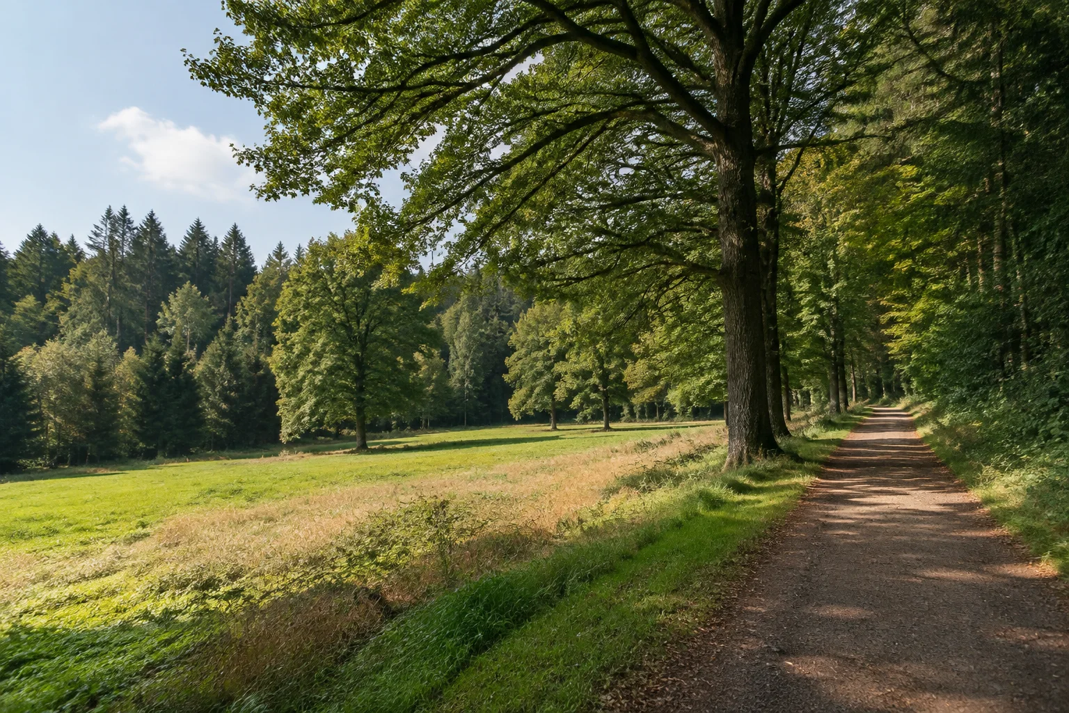 Rappweiler: Waldlichtung mit Gras, einzelnen alten Laubbäumen und einem Weg am Rand eines ausgedehnten Mischwaldes, keine inszenierten Wildtiere.