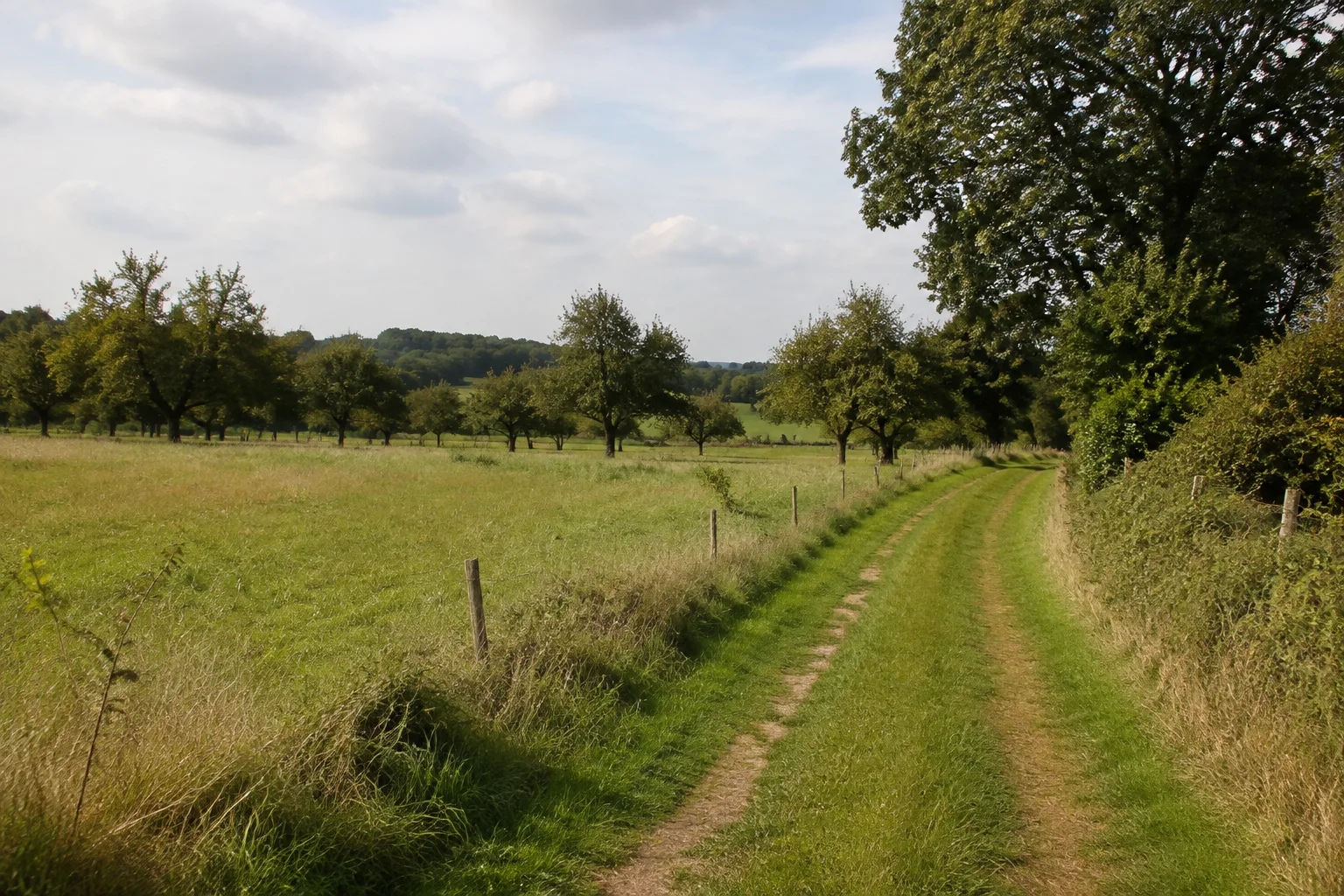 Möhner Fluren: Feldweg zwischen Wiesen, Hecken und locker verteilten Obstbäumen über einer flachen Talmulde.