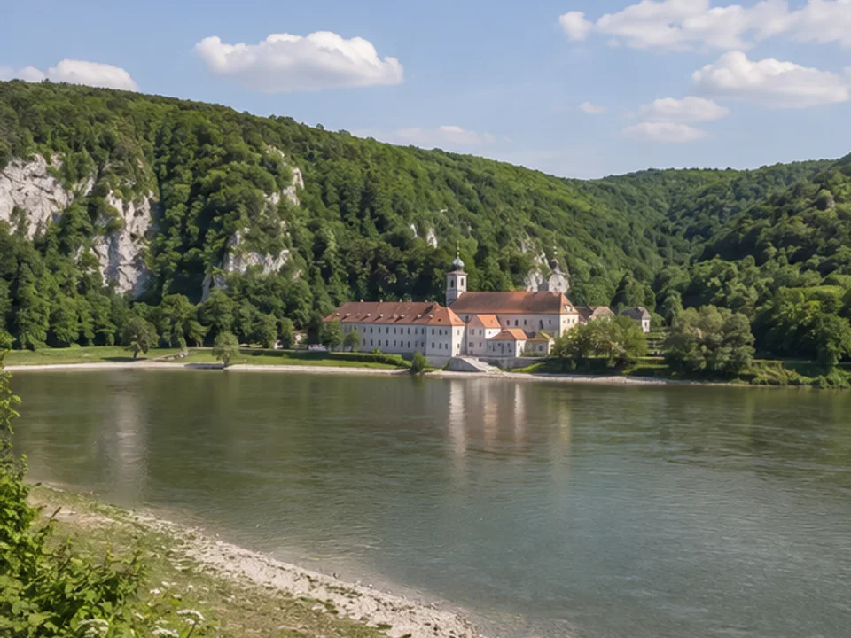 Kloster Weltenburg: Kloster am breiten Donauufer unter Waldhängen