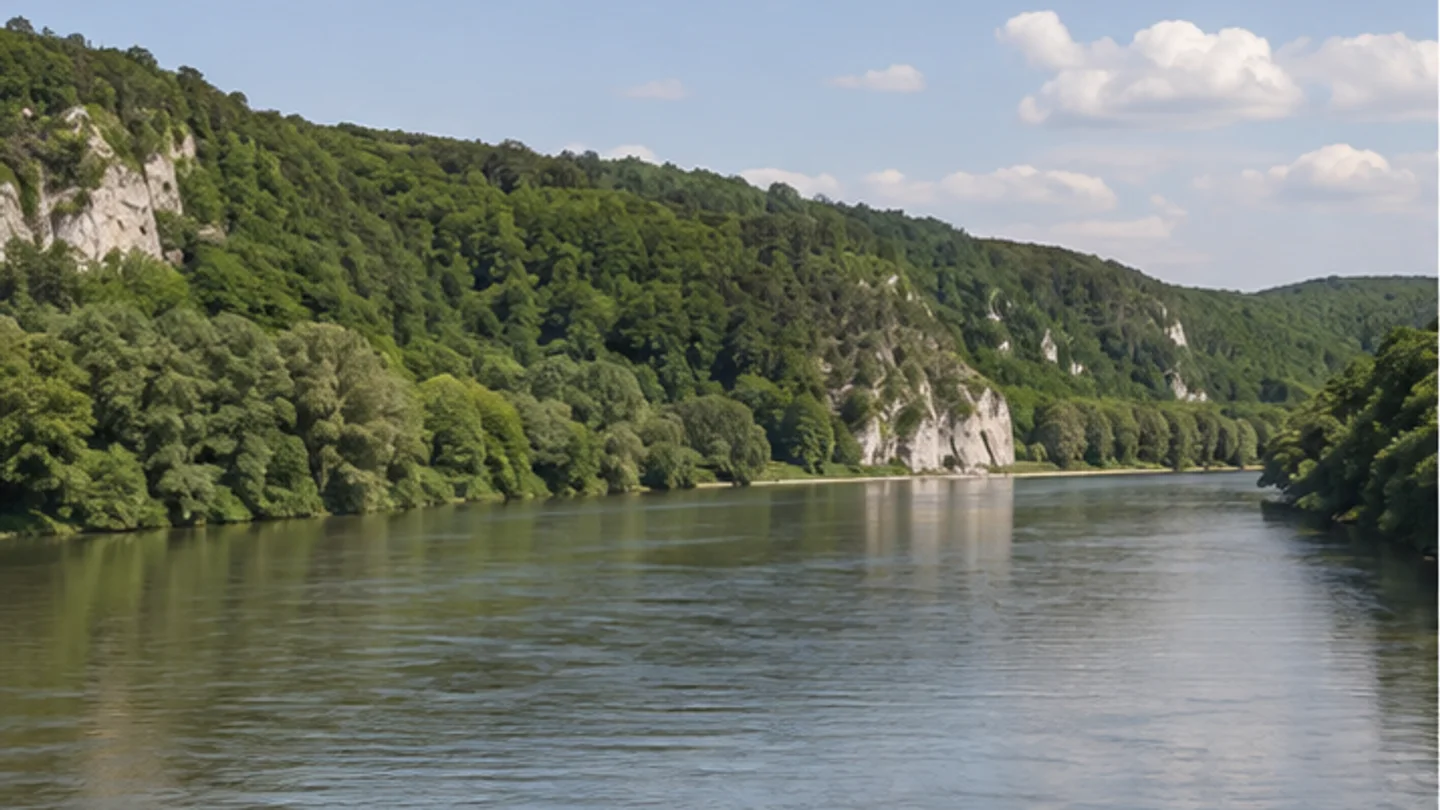 Weltenburger Enge: Kelheim: Weltenburger Enge: breite Donau zwischen bewaldeten Kalkhängen