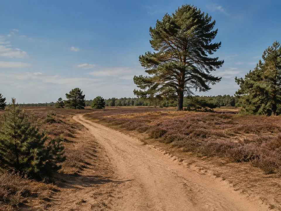 Nemitzer Heide: offene niedrige Heideflächen mit einzelnen Kiefern und breitem sandigem Weg