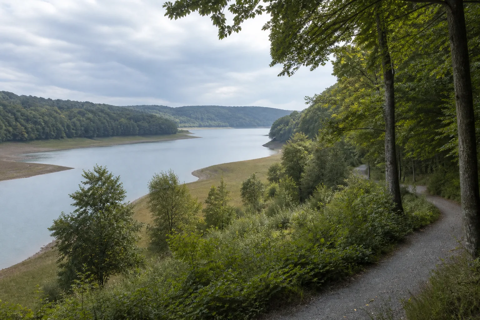 Zurückgesetzter Wanderweg mit Blick auf die Große Dhünn-Talsperre