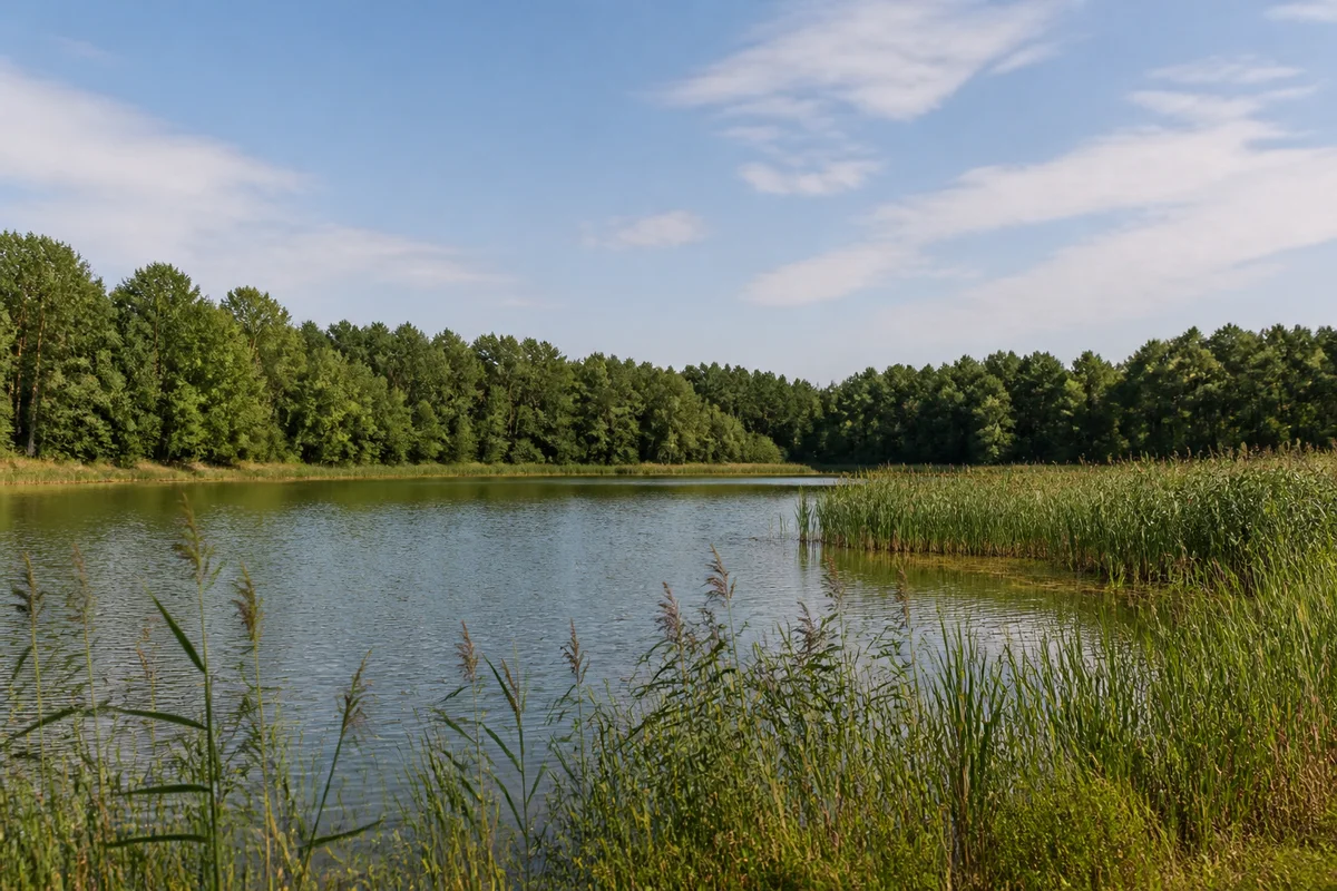 Wermsdorfer Teichlandschaft: breiter flacher Waldteich mit Schilf und niedrigen bewaldeten Ufern