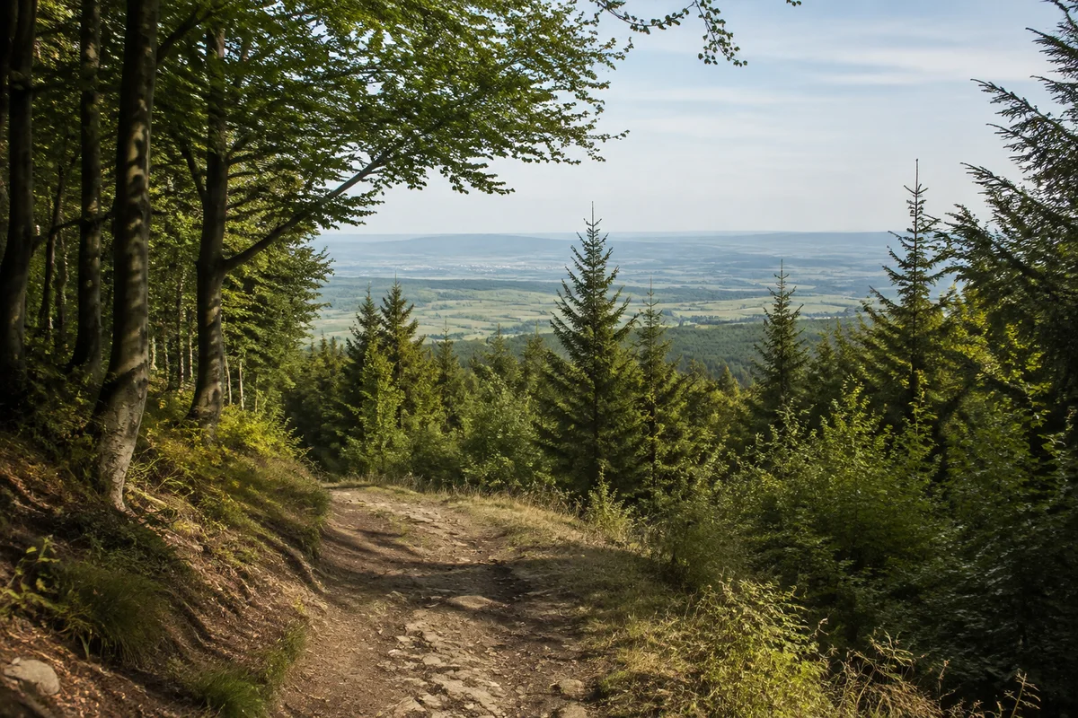 Wernigerode: Waldweg oberhalb von Wernigerode mit Blick ins Harzvorland