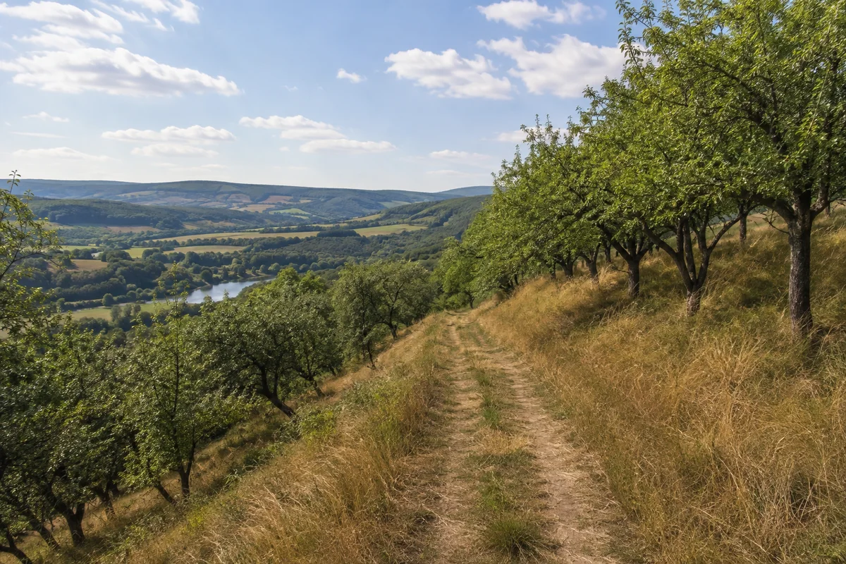 Witzenhäuser Kirschhänge: landwirtschaftlicher Weg zwischen alten Kirschbäumen über dem Werratal