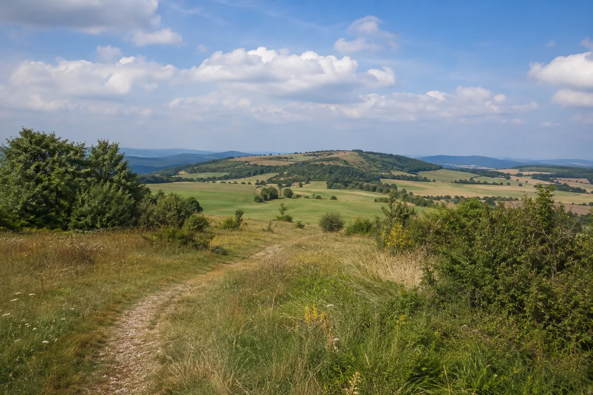 Ringgau bei Rittmannshausen: offenes Kalkplateau mit Feldern und Hecken unter weitem Himmel