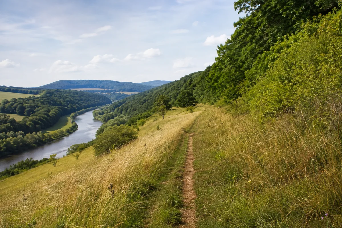 Werra-Burgen-Steig Hessen: Lippoldshausen: Wiesenpfad an Laubwaldhängen oberhalb der Werra