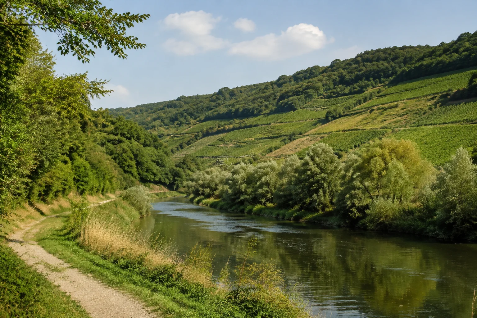 Wertheim: Wertheim: Unteres Taubertal bei Reicholzheim: schmaler Fluss mit Uferbäumen unter grünen Wein- und Waldhängen, Weg am Talrand.