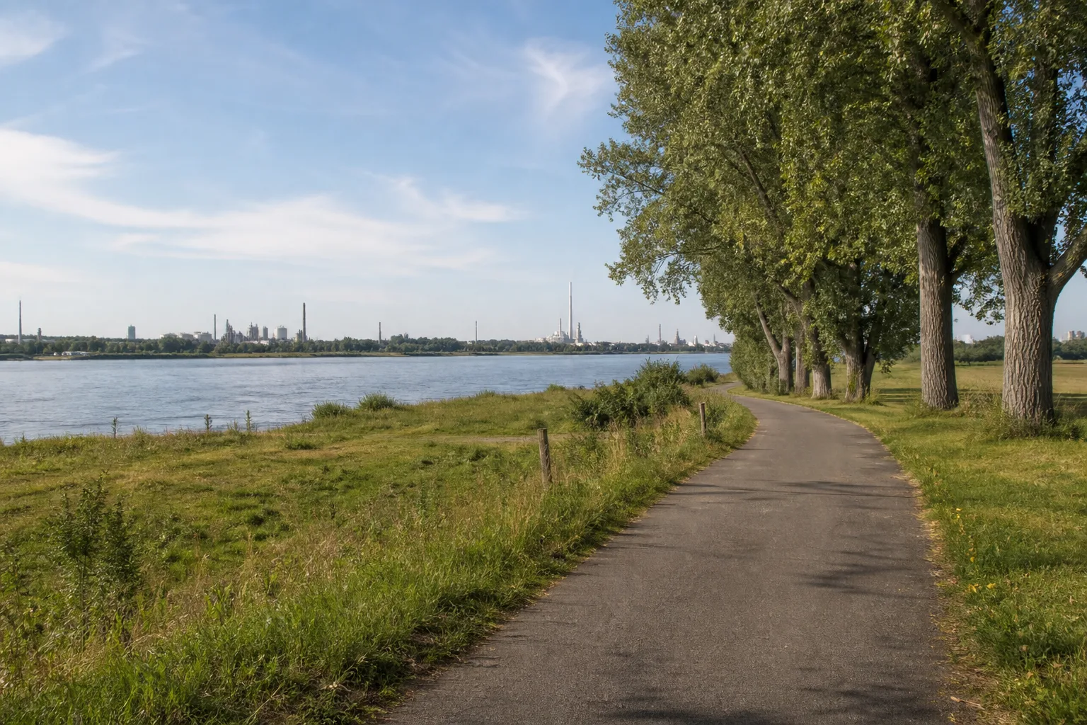 Wesseling: Rheinuferweg beim Wandern in Wesseling