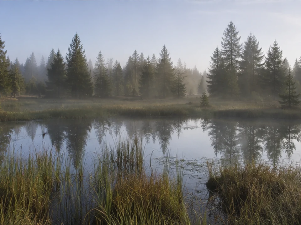 Moorweiher: stilles dunkles Wasser zwischen Schilf und Fichten