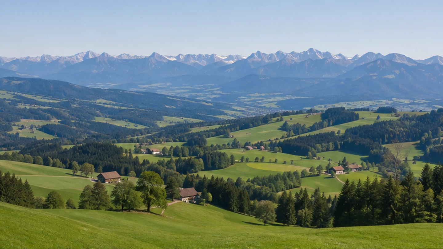 Westallgäu: Westallgäuer Hügelland: Weiden und Höfe vor ferner Alpenkette