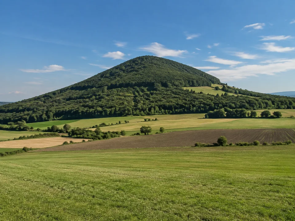 Hegauer Vulkanlandschaft: Einzelner grüner steiler Vulkankegel in weitem offenen Acker- und Wiesenland, Laubwald am Berg, keine erfundene Burg