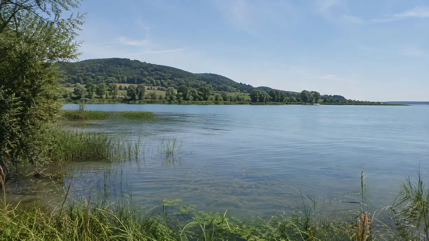 Westlicher Bodensee: Radolfzell Bahnhof: Westlicher Bodensee: Ruhige breite flache Seebucht mit Schilfrändern und niedrigen bewaldeten Hügeln im Hintergrund