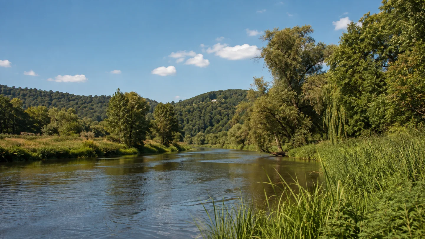 Wetzlar: Colchester-Anlage: Lahn bei Wetzlar: Ruhiger mittelbreiter Fluss mit grünen Ufern und altem Baumbestand vor niedrigen bewaldeten Hügeln