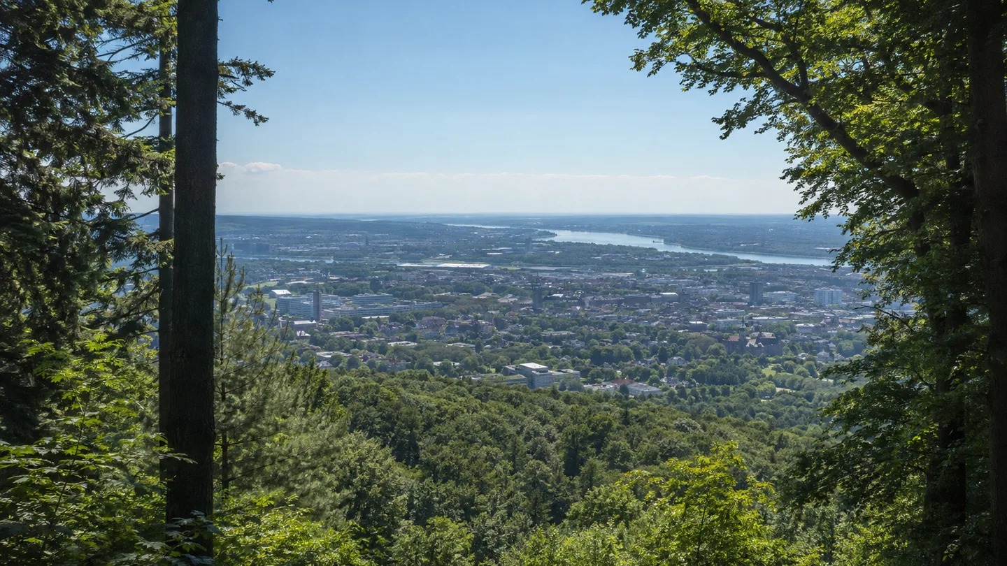 Wiesbaden: Wiesbadener Neroberg: bewaldeter Stadthügel mit Blick über Wiesbaden zum Rhein