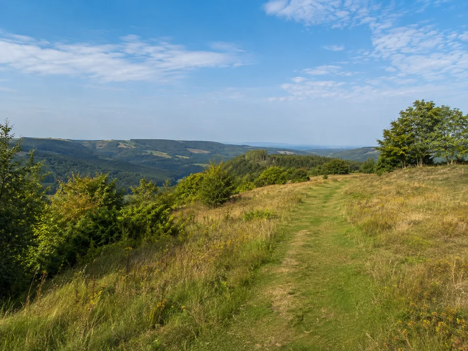 Espenschieder Höhenrand: Grüner Wiesenweg am Rand eines kleinen Hochplateaus mit weiter Aussicht über tiefe bewaldete Täler