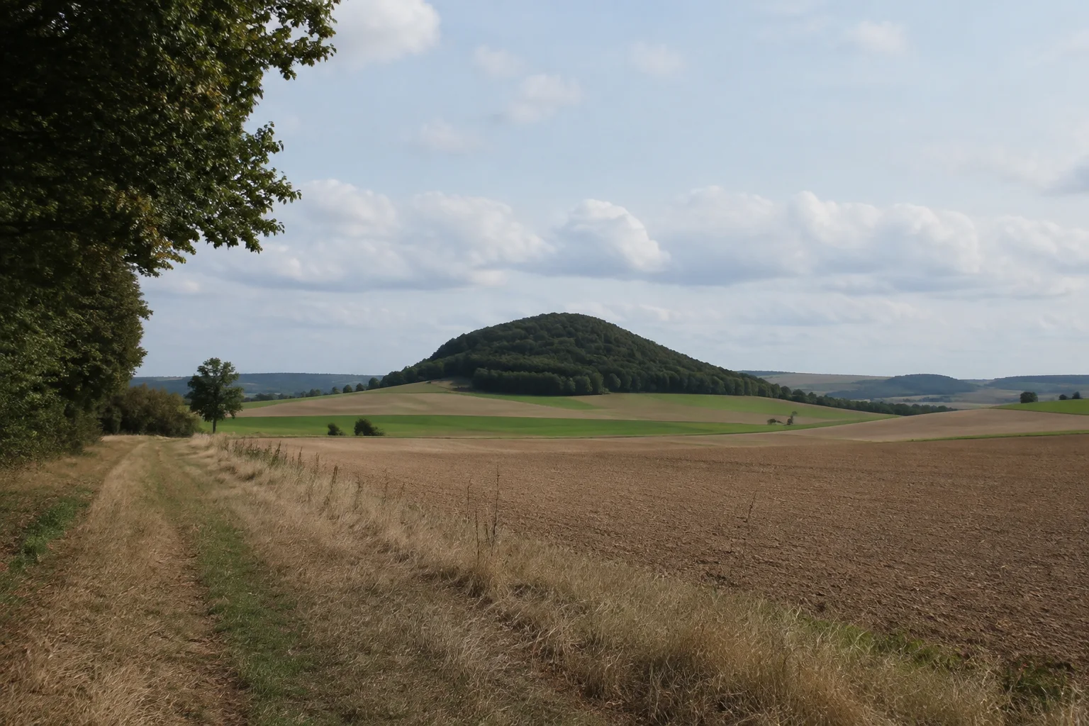 Bombogener Senke: offene Felder mit einem kleinen rundlichen bewaldeten Vulkankegel am Horizont, kein hoher Vulkan.