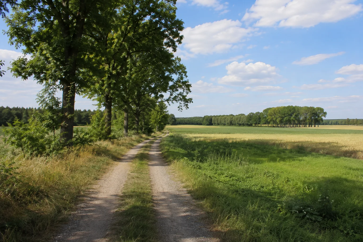 Biesener Feldflur: ebener ländlicher Weg zwischen Wiesen, Äckern und Baumreihen