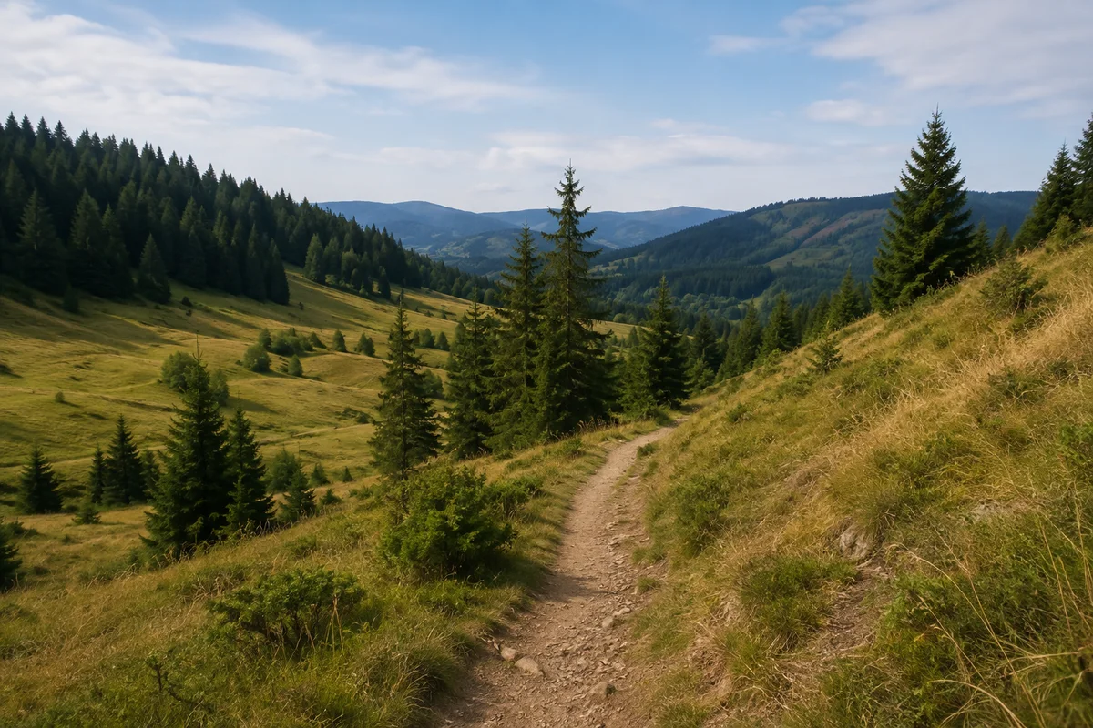 Abgelegene Höhenlage mit weiten Wiesenmulden und Nadelwaldrändern.