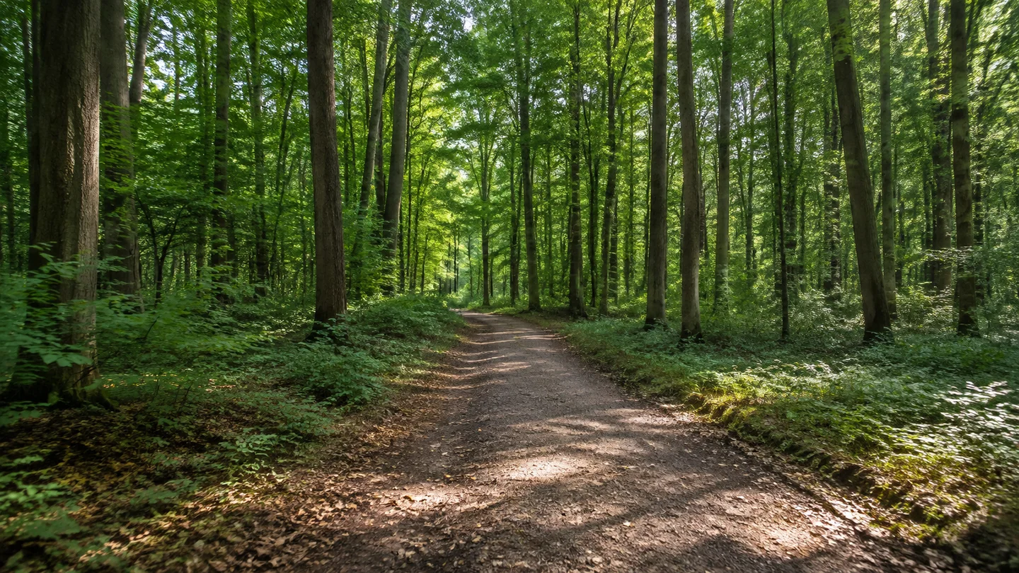 Wolfenbüttel: Lechlumer Holz Wanderparkplatz: Lechlumer Holz bei Wolfenbüttel: ebener Laubwald mit grünem Unterwuchs und breitem Spazierweg