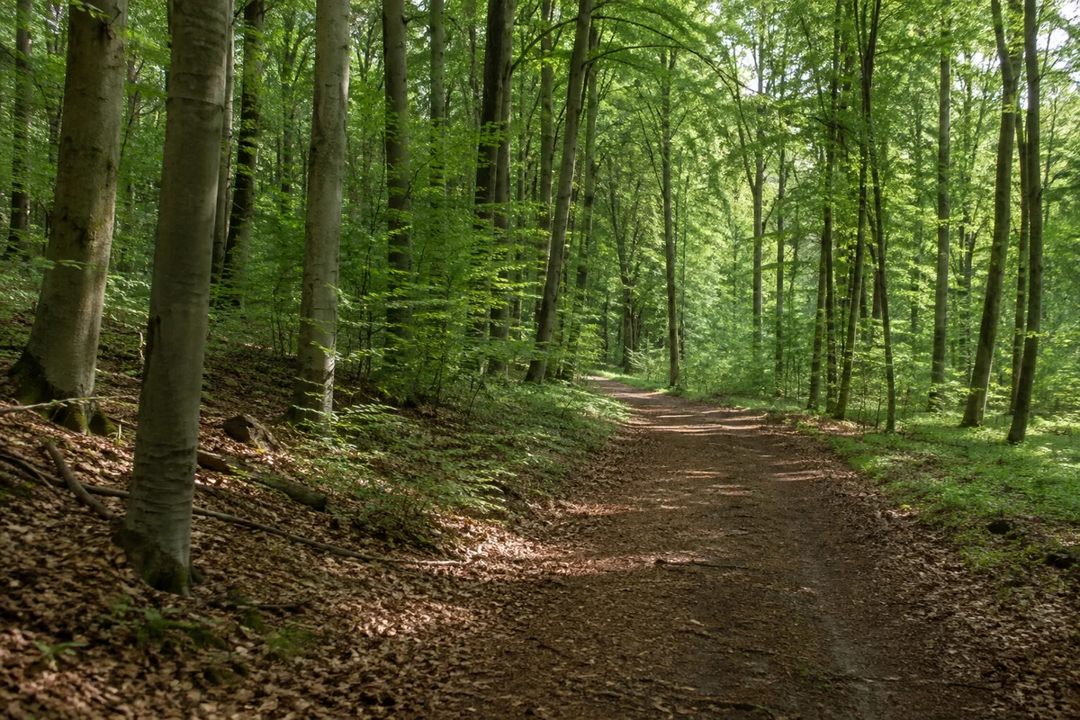 Wolfhagen: Wolfhagen: Wolfhager Stadtwald: Buchenmischwald mit Laubstreu und leicht gewundenem Forstweg