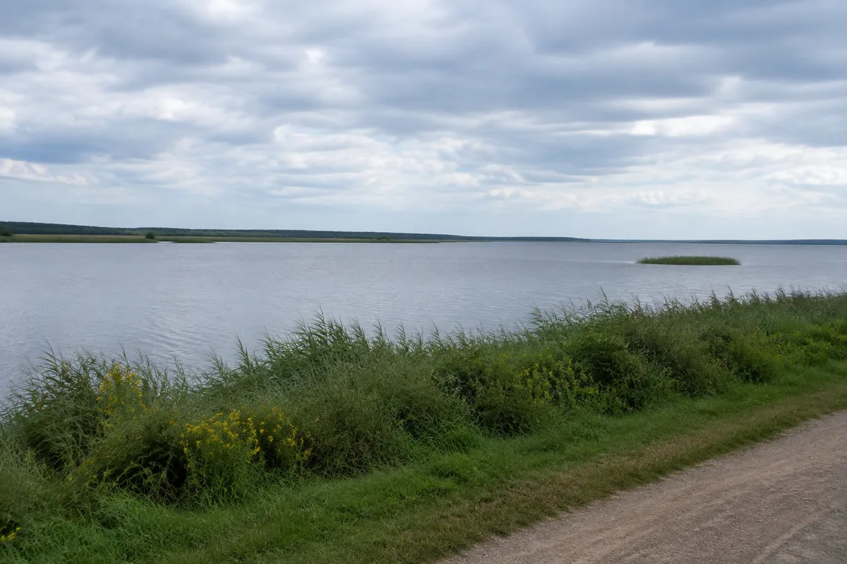 Peenestromufer bei Wolgast mit flachem Wasser und Röhricht ohne erfundene Skyline