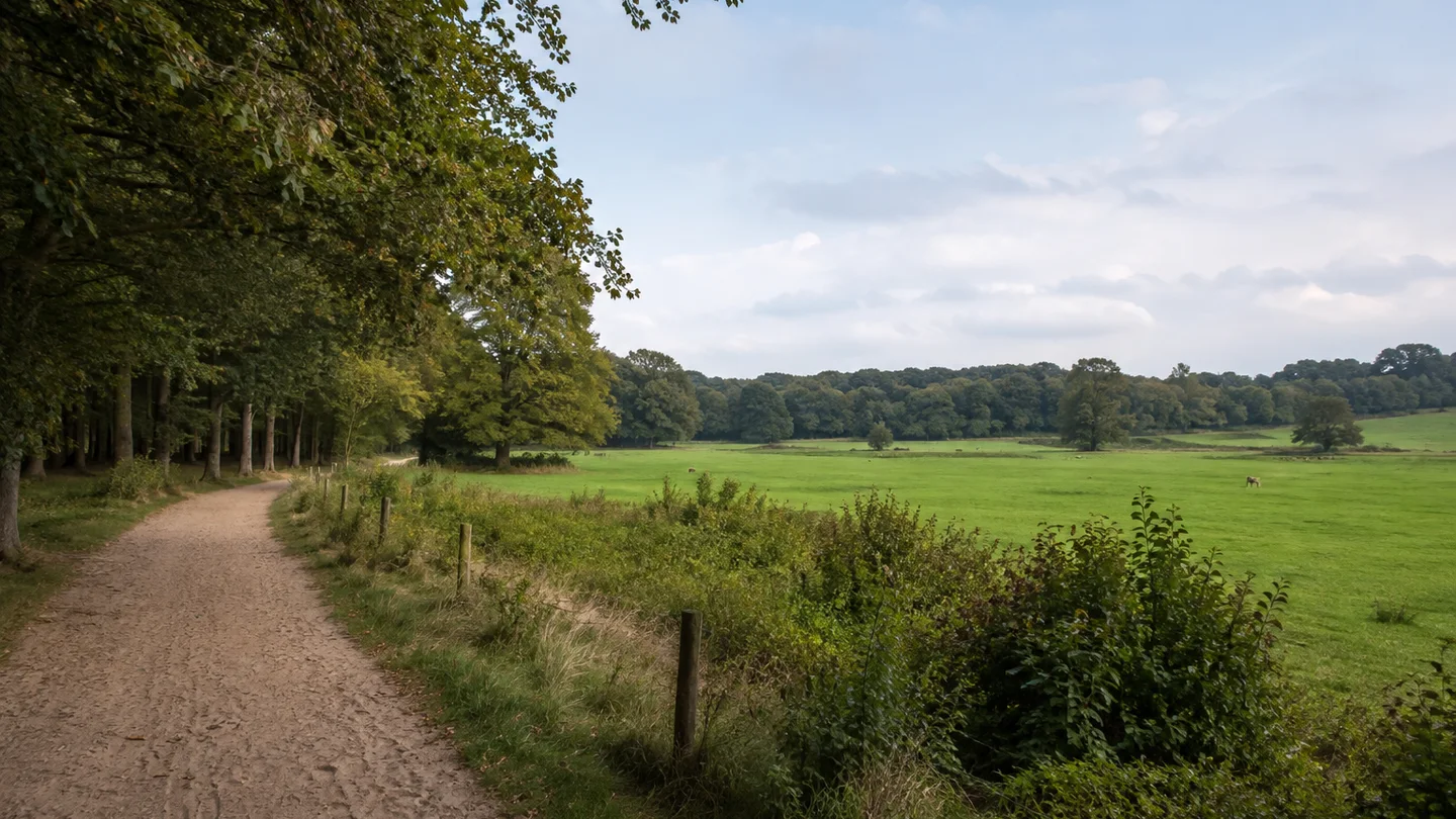 Worpswede: Weyerberg und Künstlerdorf: Sanfter niedriger Geesthügel mit Buchen und Eichen, breiter sandiger Spazierweg am Waldrand oberhalb flacher Wiesen