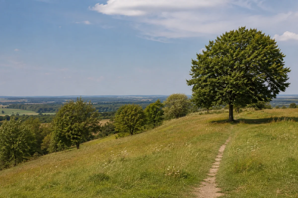 Dehnitzer Wachtelberg: niedriger grasiger Hang mit Einzelbäumen und kleinem Weg, keine dramatischen Felsen