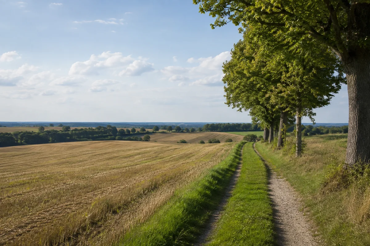 Kührener Feldflur: weite sanft gewellte Ackerflächen, Baumreihe und schmaler Wirtschaftsweg