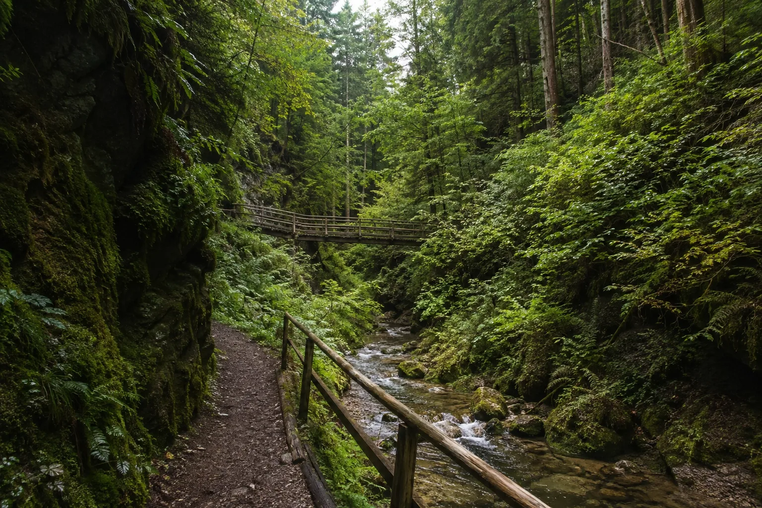 Gauchachschlucht: schmaler Nebenfluss mit Stegen und urigem Mischwald