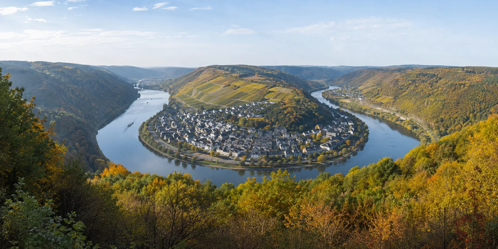 Zell (Mosel): Zell (Mosel): Zell an der Mosel: enge Flussschleife zwischen Rebhängen