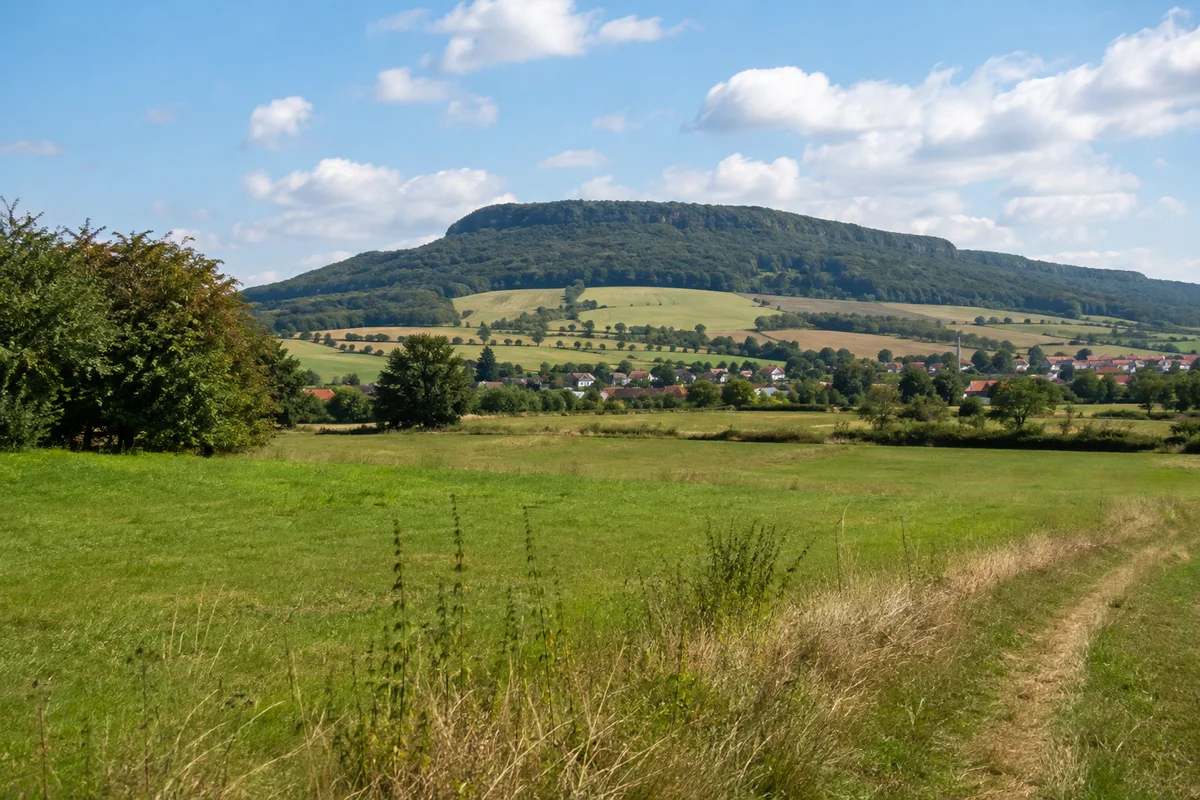 Burghasungen: markanter niedriger bewaldeter Tafelberg hinter offenen Dorfwiesen ohne erfundene Klosterbauten