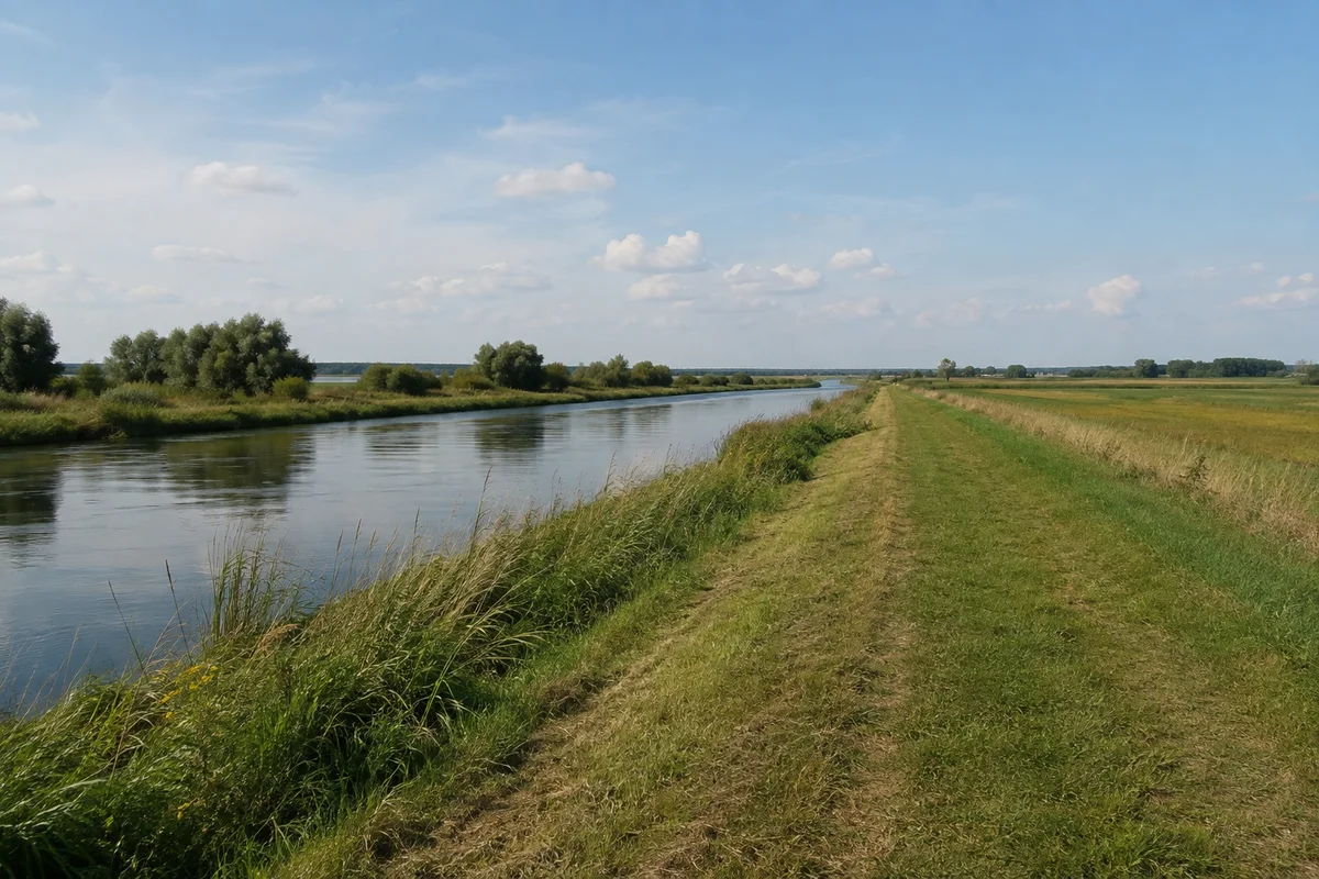 Weiße Elster bei Zitzschen: geradliniger Fluss, grasiger Deichweg, flaches Auenland