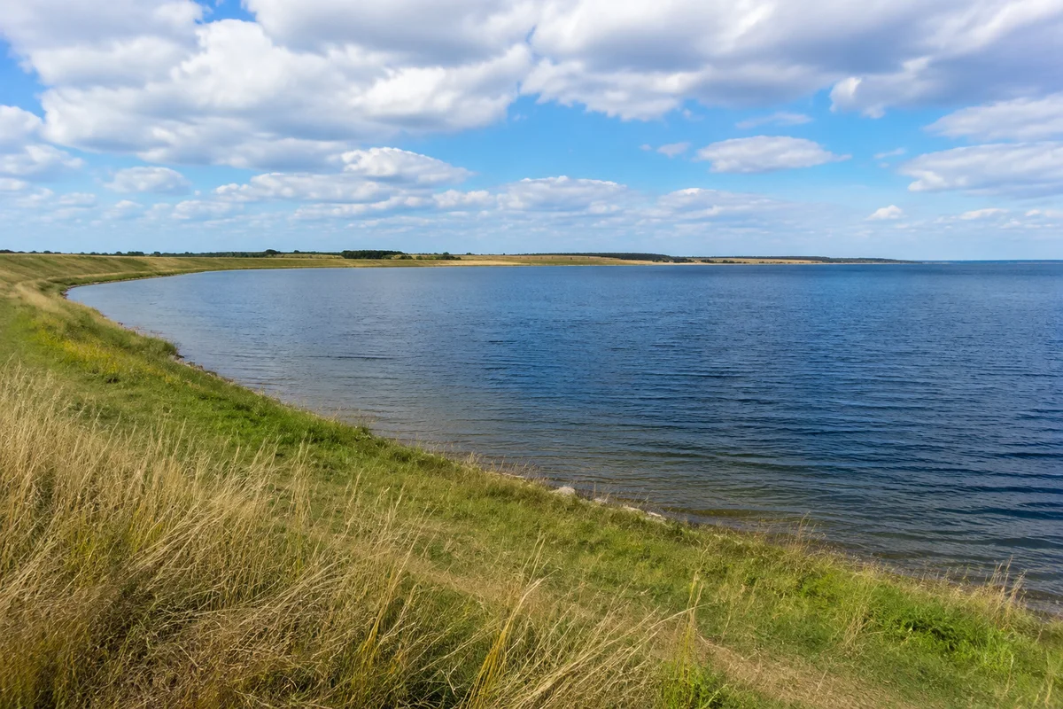 Zwenkau: Zwenkau Hafen: Zwenkauer See: weite Wasserfläche vom südlichen befestigten Ufer, niedrige rekultivierte Grasböschung